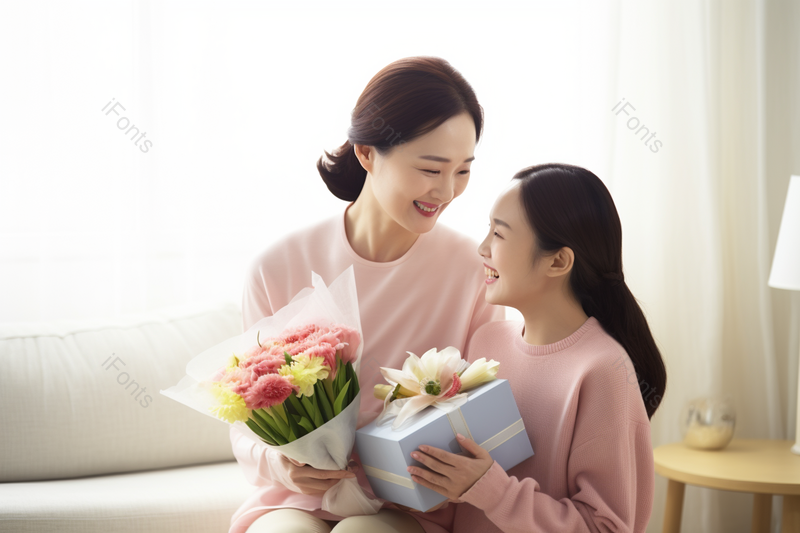 年轻女儿在平常时间给母亲送花加以关怀摄影背景,高清,摄影图,摄影图片,图片大全,摄影图免费下载
